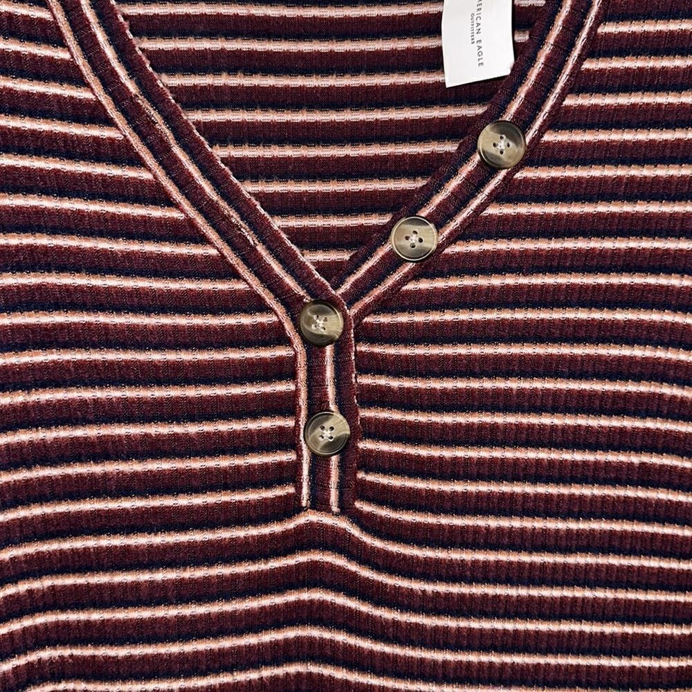 AE XS Burgundy Striped Ribbed Knit V-Neck Long Sleeve Knee Length Dress - Picture 8 of 12